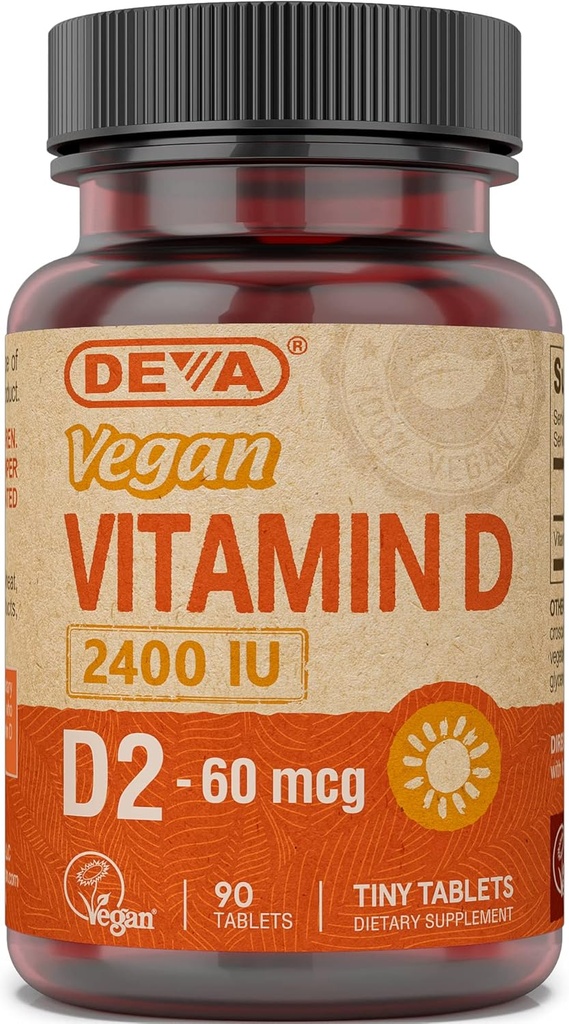 Deva Vegan D2 60 mcg 2400 IU, Ergocalciferol Supplement with No Animal Materialss, 90 Tablet, 1-Pack