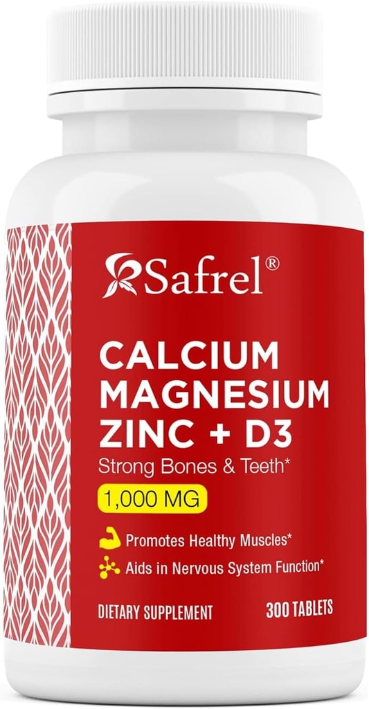 Safrel Calcium Magnesium Zinc with Vitamin D3, 300 Tablets - Calcium 1000 mg, Magnesium 400 mg, Zinc 20 mg & D3 600 IU per Serving