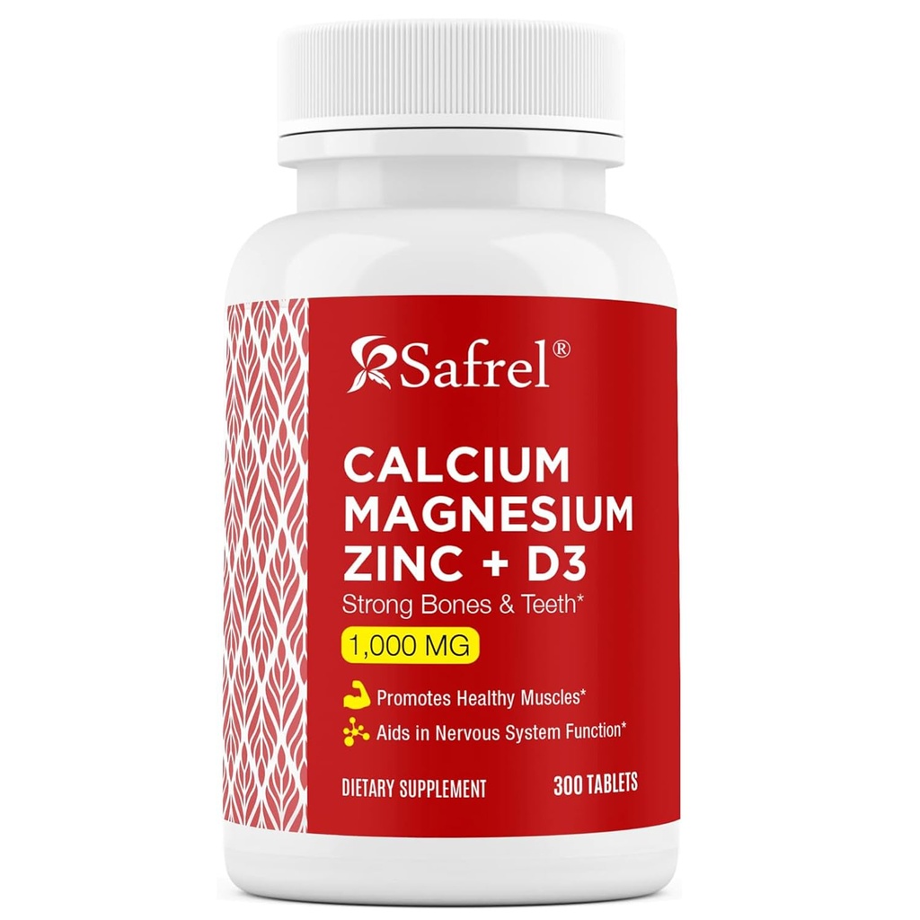 Safrelelli çinko Magnezyum D3, 300 Tablet - Kalsiyum 1000 mg, 400 Magnezyum mg, çinko 20 mg & D3 600 I per Servis başına hizmet vermektedir
