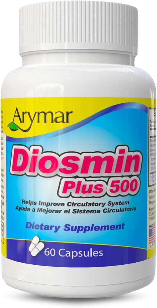 Arymar Diosmin Plus 500 mg – Perculatory Support Supplement with Micronized Diosmin, Hesperidin & B-Complex – 60 Capsules