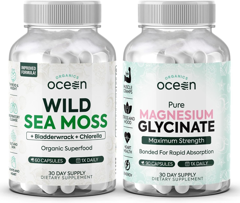 Organiks Ocean Wild Sea Moss Capsules ve Pure Glycinate ile çinko -% 100 İrlandalı Deniz Moss ve Kadınlar ve Erkekler için Magnezyum Supplement - Tiroid, Kas Cramps ve Sleep Support