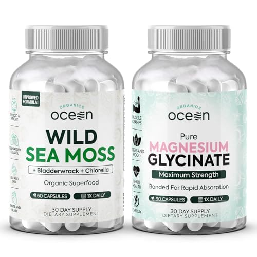 Organiks Ocean Wild Sea Moss Capsules ve Pure Glycinate ile çinko -% 100 İrlandalı Deniz Moss ve Kadınlar ve Erkekler için Magnezyum Supplement - Tiroid, Kas Cramps ve Sleep Support
