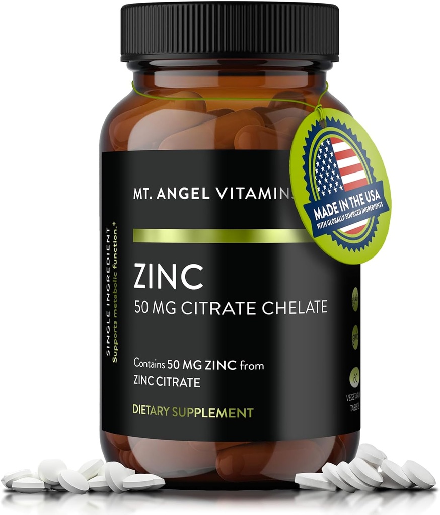 Mt. Angel Vitamins - Ψευδάργυρος Κιτρικό 50mg - Ψευδάργυρος 50 mg Χηλικός κιτρικός ψευδάργυρος - Φυσικά συμπληρώματα ψευδαργύρου Made in USA - 60 Vegetarian Tablets