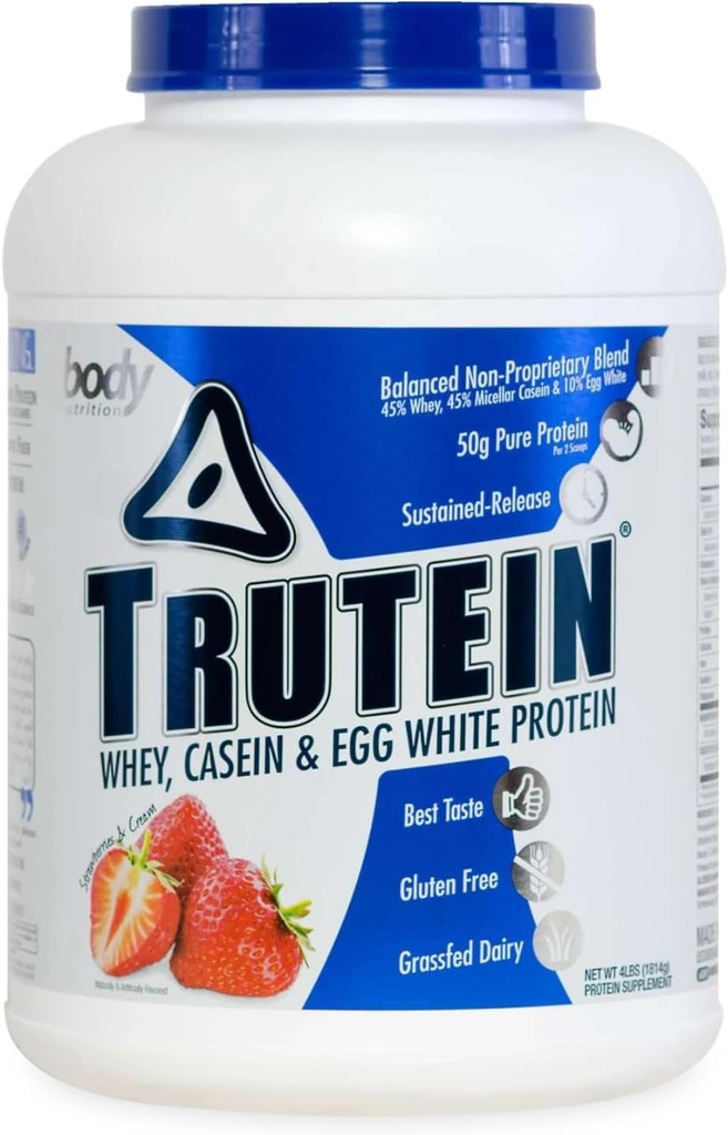 Vücut Beslenme Trutein Yüksek Protein Tozu:% 45 Whey,% 45 Casein,% 10 Egg White, Gluten-Free, Low sodyum, Grass Fed Whey Protein Toz, Gym Supplement & Breakfast Shake, Strawberries & Cream, 4lb