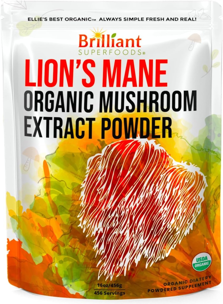 Ellie'nin En İyi Aslanları Mane Organik Mushroom Ekstra Toz Tamamı - 10X Potency için Çift Taklit - Saf No Fillers - 16oz - 458 1g Servisleri ...