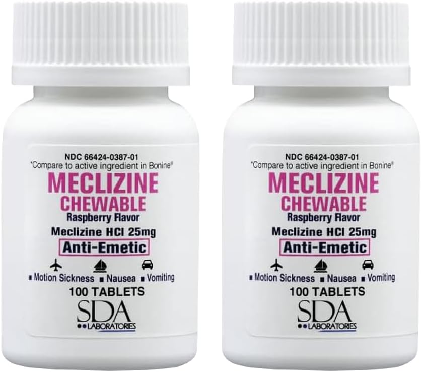 SDA LABORATUVIES Meclizine 25mg Chewable Tabletler, Anti-Emetic, Raspberry Flavor, Hareket Hastalığı ve Vertigo Relief for Nausea, Dizziness, Voing, Portre Travel Aid (2 Şişeler 100 Kont)