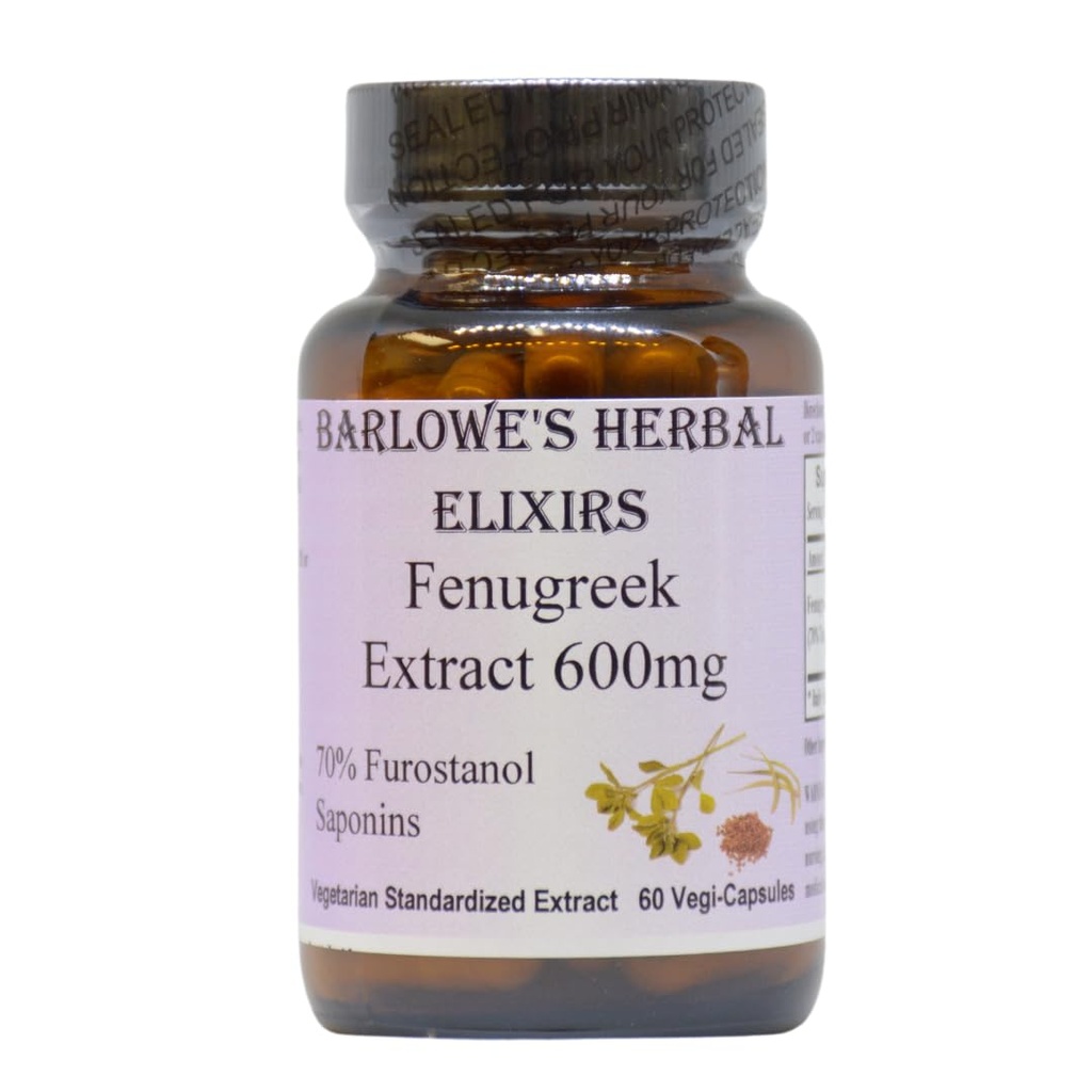 Barlowe's Herbal Elixirs Fenugreek Extract | 70% Furostanol Saponins | 600 mg per Capsule | 60 Vegi-Capsule | Non-GMO | Stearate Free | Glass Bottle