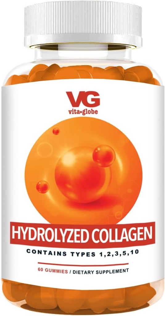 VITA GLOBE Collagen Gummies – 200 mg Hydrolyzed Collagen Tipleri I, II, III, V & X | Saç, Skin, Nails, Ortaklar ve Bones | Beauty & Wellness Supplement for Women & Men – 60 Count (Polonya)