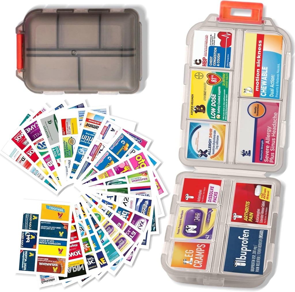 Pill Organizer Tıp Etiketler Seyahat Günlük Pill Konteyner Mini İlaç Organize Depolama Pill Organizer Travel Essentials Pill Case 7 Day (Pink & 161 Lables)