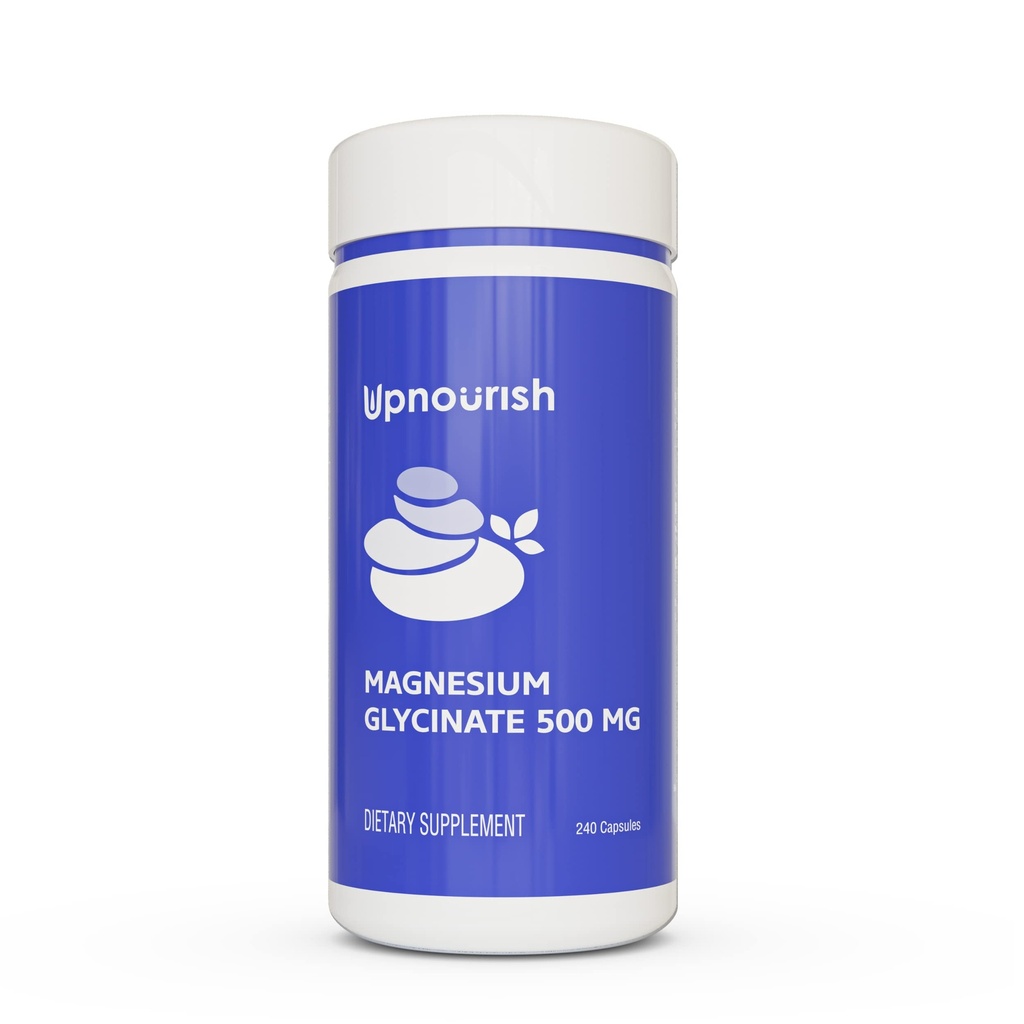 UpNourish Magnezyum Glycinate Chelate 500 mg Capsules - Highly Magnezyum Absorbable Chelated - Pure Magnezyum Supplement for Sleep & Calm Support, Nervous, Muscle & Bone Health