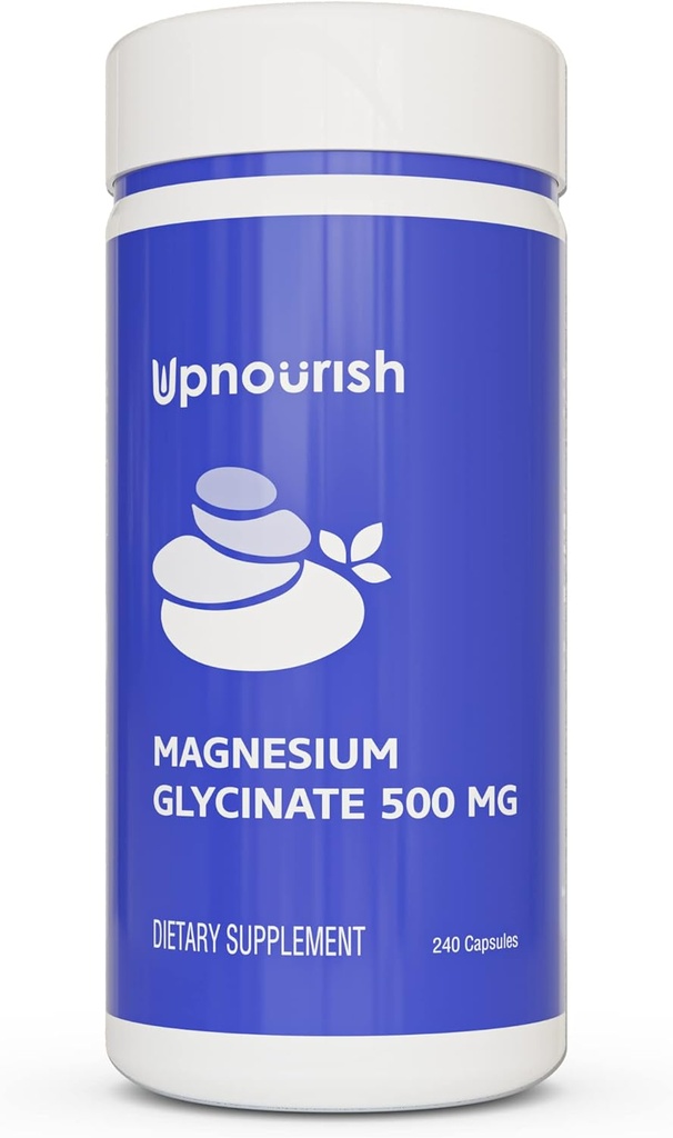 UpNourish Magnezyum Glycinate Chelate 500 mg Capsules - Highly Magnezyum Absorbable Chelated - Pure Magnezyum Supplement for Sleep & Calm Support, Nervous, Muscle & Bone Health