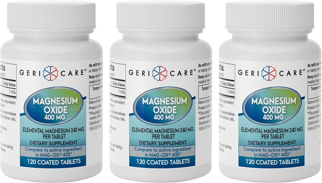 GeriCare Oksit Magnezyum Supplement 240 mg of Elemental Magnezyum, 120 Tablet, Essential Mineral Desteği, Vascular Health, Bone Strength ve Muscle Function (Pack of 3)