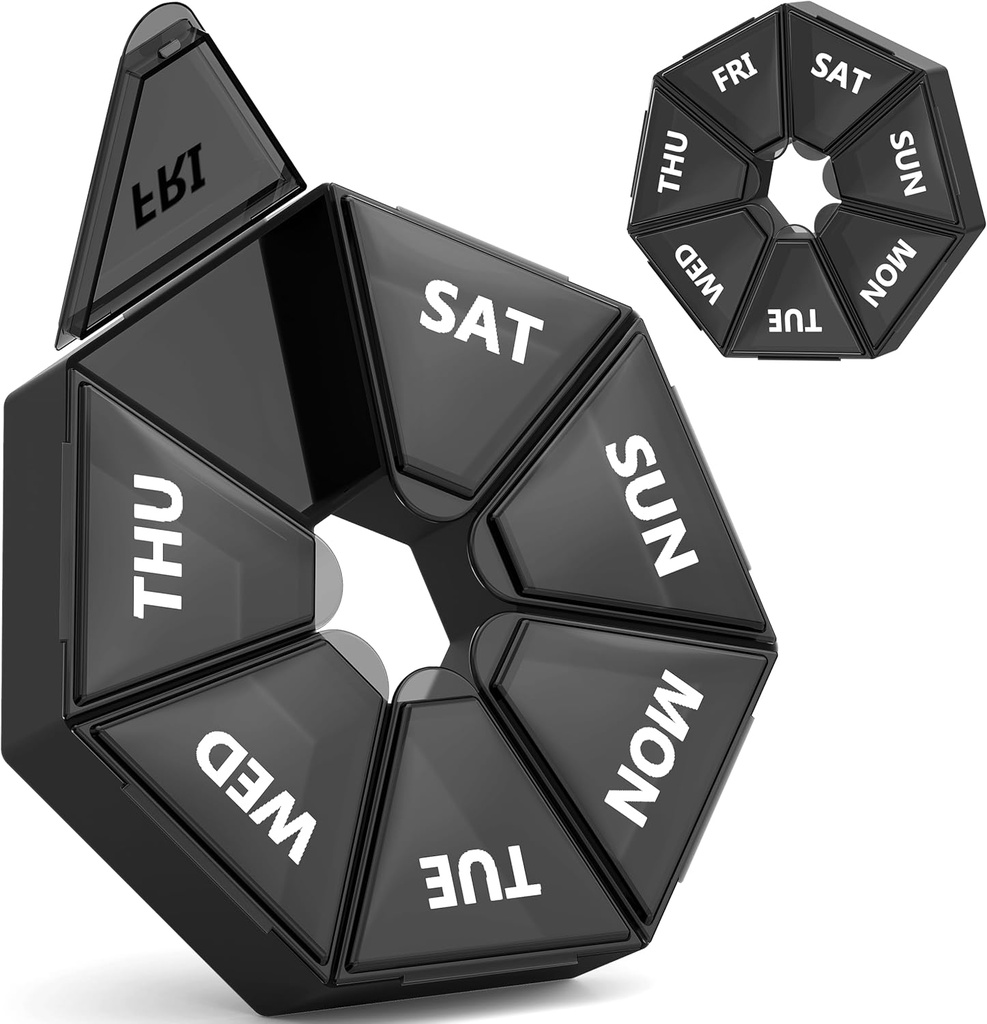 Gelibo,Weekly Pill Organizer, 2 Pack Portatif Seyahat Pill Box Akrilik Tıp davası 6 Colors (Seven Day) Vitamin/Fish Oil /Pills /Supplements-Arthritis Friendly (Black)