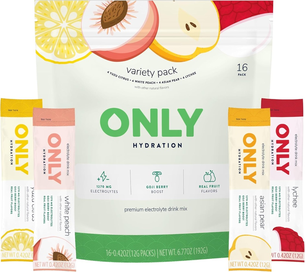 Variety Pack 1270 mg Electrolyte Powder - 3g Ζάχαρη - Γλυκαντικό Φρούτων Μοναχών - Χωρίς Τεχνητές Γεύσεις - Superfood Goji Berry - Βιταμίνες C, B6, B12 - On-The-Go Sticks - 1 Pack (16 Packets)