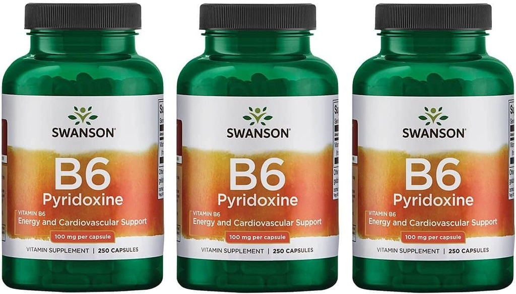 Swanson B6 Pyridoksie - Vitamin Supplement Cardiovascular Health & Energy Metabolism - Doğal Formula Genel Sağlık - (250 Capsules, 100 mg Her) 3 Pack
