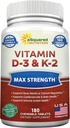 K2 Supplement-180 Chewable Tabletler ile ASquared Beslenme Vitamin D3, Max Strength D-3 Cholecalciferol & K-2 MK7 Sağlıklı Kemikleri, Dişler, Kalp - Antioksi D3 & K2 MK-7 Enerji Formula Yetişkinler