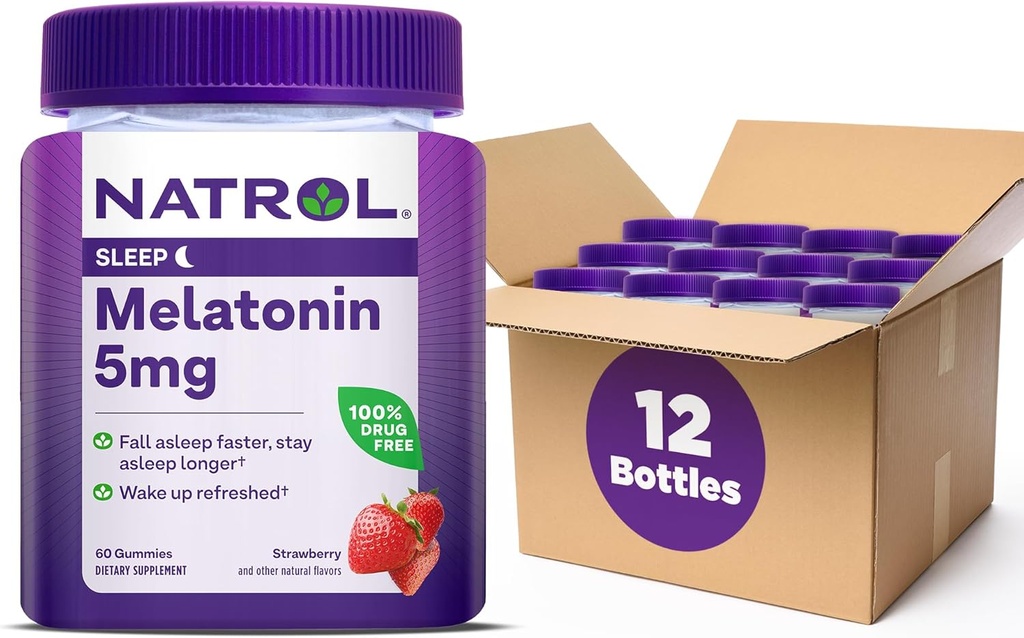 Natrol 5mg Μελατονίνη Gummies, Υποστήριξη ύπνου για ενήλικες, Μελατονίνη Συμπληρώματα για τον ύπνο, 60 Φράουλα-Flavored Gummies, 30 Ημέρα προσφοράς (Συσκευασία των 12)
