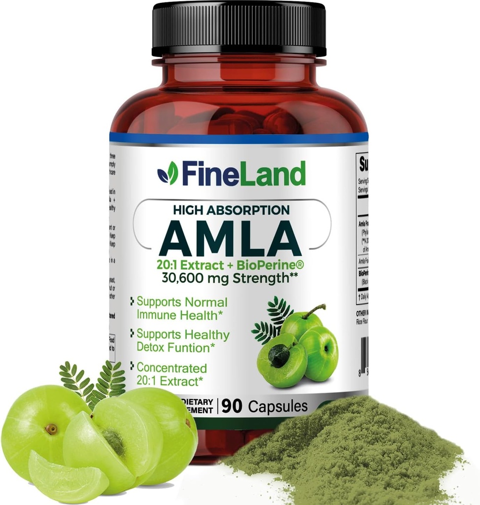 FineLand Amla (Indian Gooseberry) 20X Full Spectrum Extract – 30.600mg Ισοδύναμο ανά Σερβίρισμα με BioPerine® για Απορρόφηση, Πλούσιο σε Φυσική Βιταμίνη C, Ανοσοποιητική & Πεπειστικό Υποστήριξη – 90 Vegan Κάψουλες