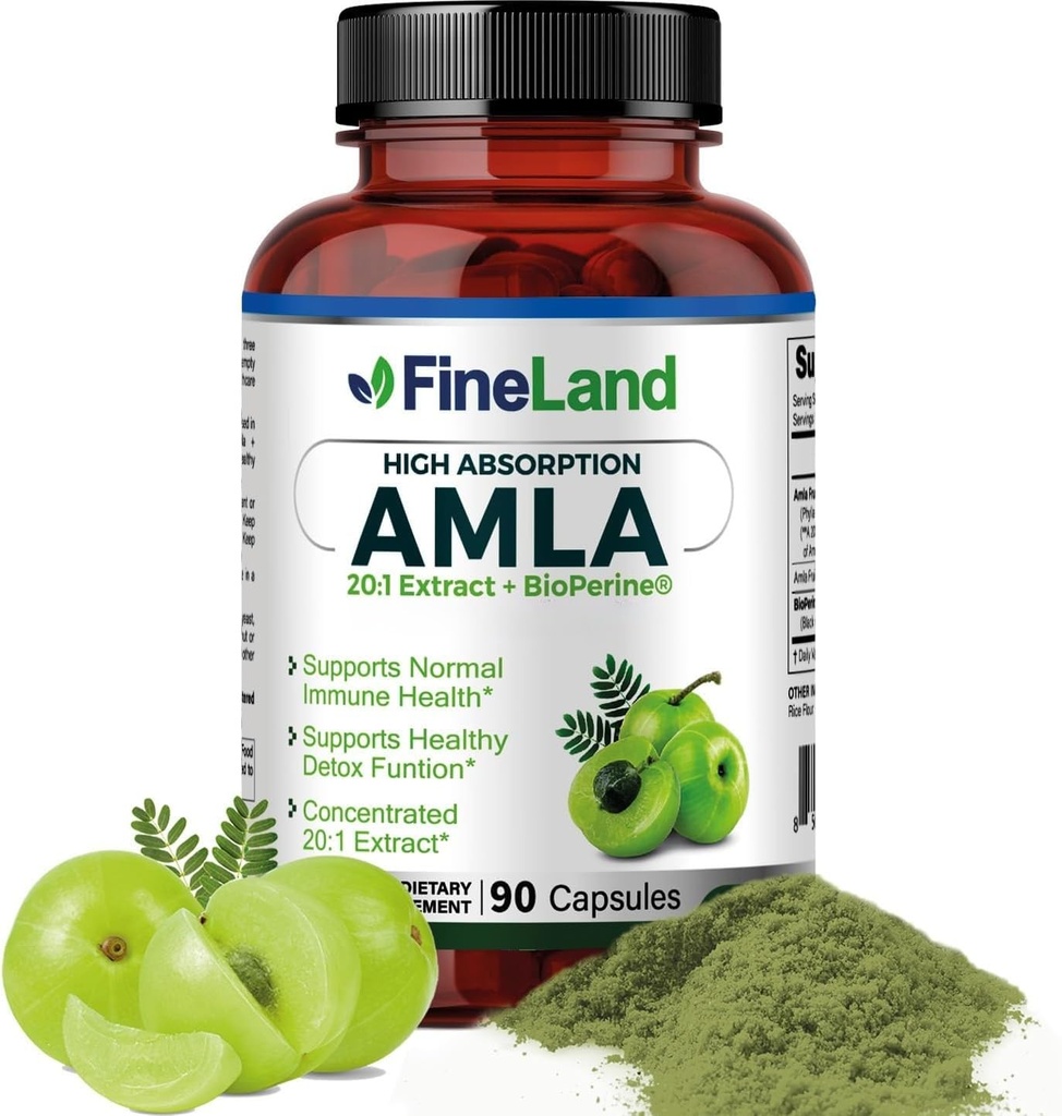 FineLand Amla (Indian Gooseberry) 20X Full Spectrum Extract - 30,600 mg BioPerine® ile Doğal Vitamin C, Immune & Digestive Support - 90 Vegan Capsules