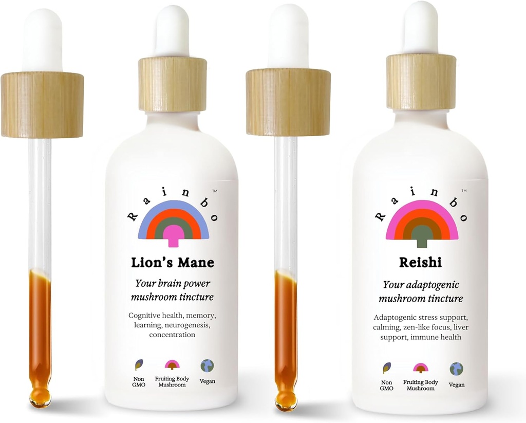 Rainbo Brain Health Bundle, Lion's Mane Mushroom Extract + Reishi Mushroom Tincture, Dual Extract Daily Mushroom Tinctures for Comprehensive Immune Support, Vegan Liquid Mushroom Supplements