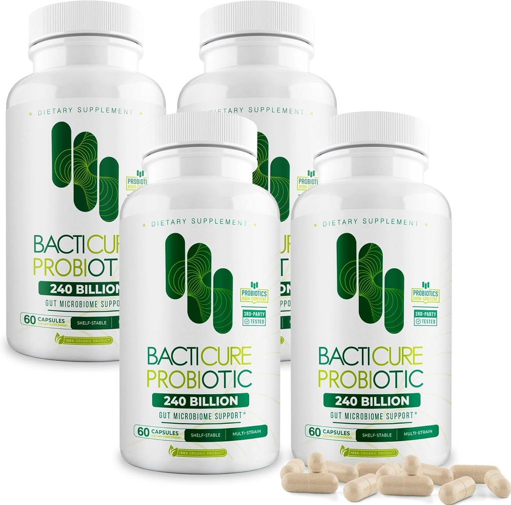 Bacticure Probiyotik 240 Capsules | Probiyotiks Supplement w/High CFU Formula for Men & Women | Prebiyotiks & Digestive Enzymes for Digestion & Gut Health, Vaginal Health, Colon Cleanse, Immune Support