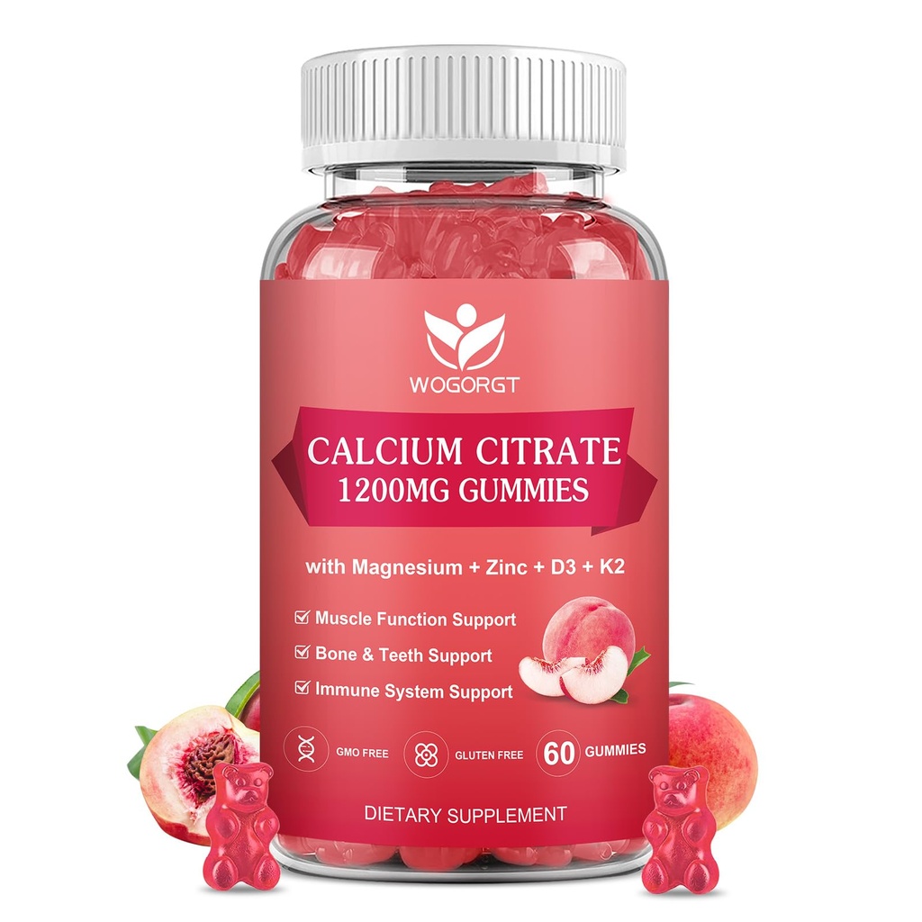 D3 K2 Vitamini ile 1200 mg Gummies - Kemik, Dişler için Deniz Moss İndüksiyonu ile Yapılabilir, Kadın ve Erkekler için Immune Desteği, White Peach Flavor - 60 Gummies