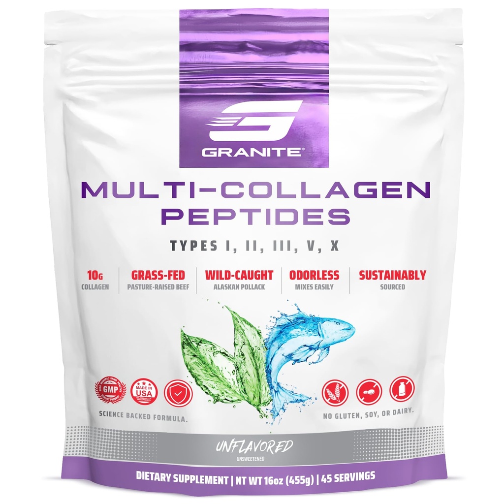 Συμπληρώματα γρανίτη Collagen Peptides σκόνη - δέρμα μαλλιών και νυχιών Βιταμίνες με Type I, II, III, V, X Hydrolyzed Collagen Peptides για την ανάπτυξη των νυχιών, τα οστά, την κινητικότητα, & κοινή υποστήριξη (16oz)