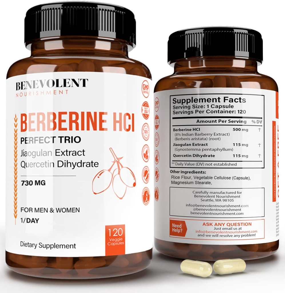 Premium Berberine HCL 730 mg - 120 VCAPS Mükemmel Trio Kompleks with Non-GMO Jiaogulan & Quercetin