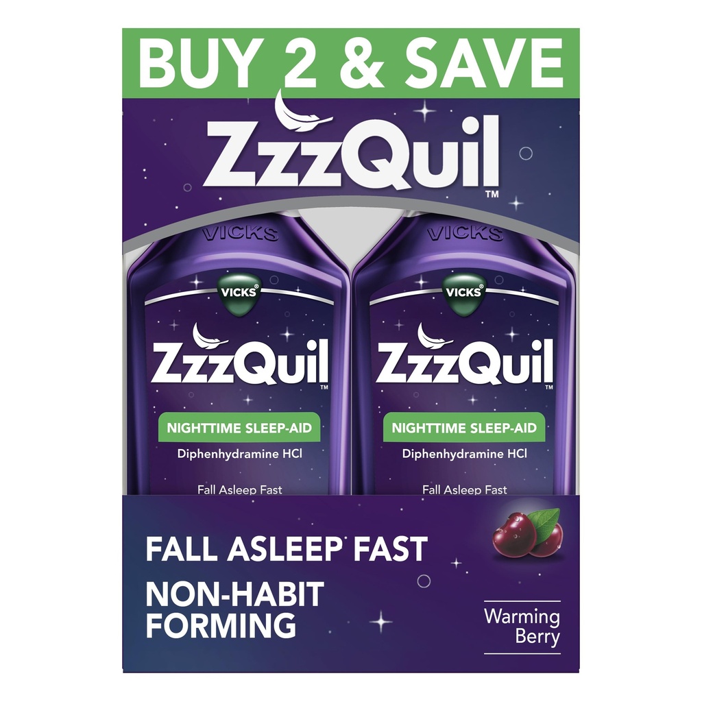 ZzzQuil, Sleep Aid, Nighttime Sleep Aid Liquid, 50 mg Diphenhydramine HCl, Fall Asleep Fast, Non-Habit Form, Isınma Berry Flavor, 12 FL OZ (Pack of 2)