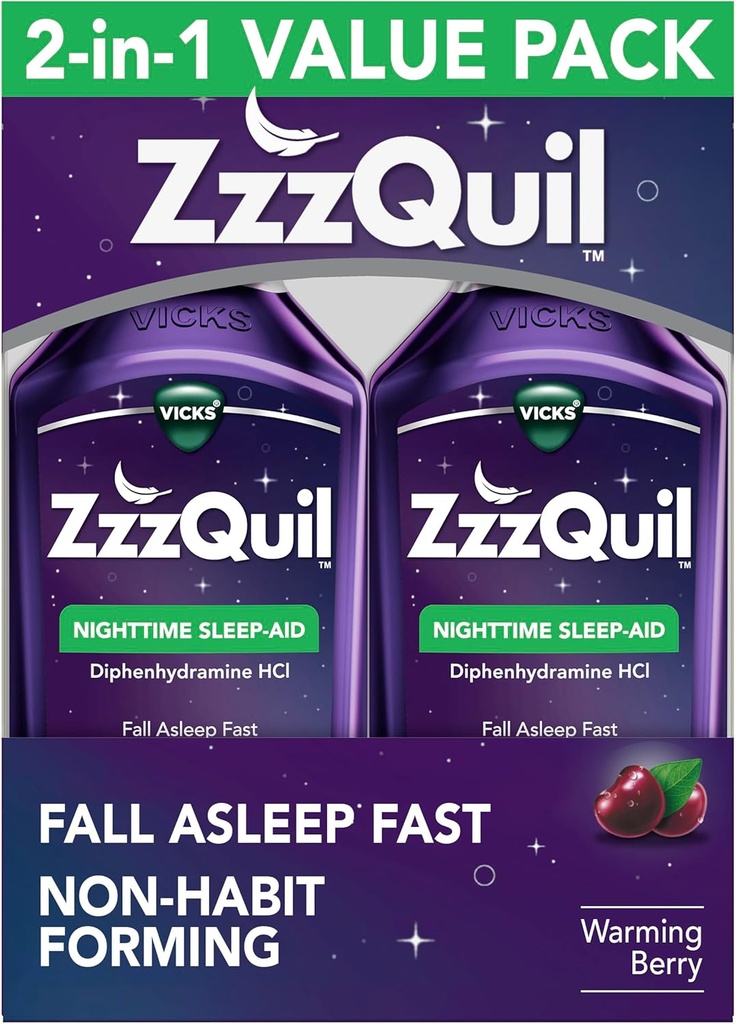 ZzzQuil, Sleep Aid, Nighttime Sleep Aid Liquid, 50 mg Diphenhydramine HCl, Fall Asleep Fast, Non-Habit Form, Isınma Berry Flavor, 12 FL OZ (Pack of 2)