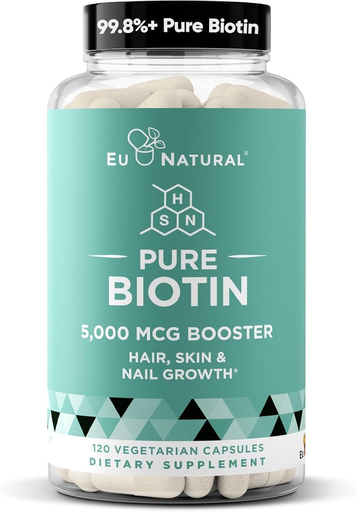 Biotin 5000 mcg Hair Skin Nails Supplement - Kadınlar ve Erkekler için Yüksek Lisans Saç Büyüme Vitaminleri - Sağlıklı Saç, Güçlü Çiçekler ve Glowing Skin için Güçlü Destek - 120 Vegan Soft Capsules