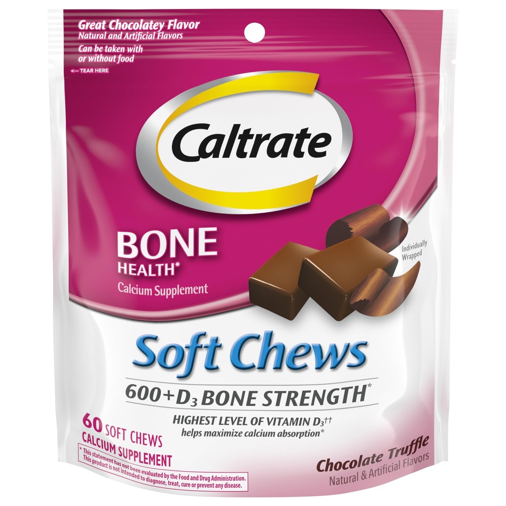 Caltrate Soft Chews 600 Plus D3 Macau Vitamin D Supplement, Chocolate Truffle - 60 Count(Packating May Vary)