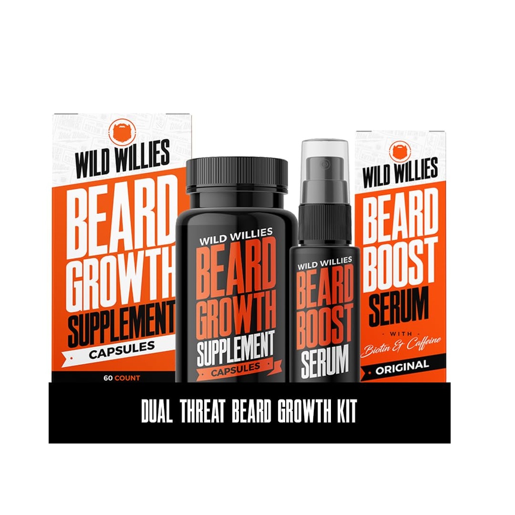Wild Willies Beard Growth Kit - Capsules & Boost Serum - Natural Growth Oil With Biotin & Caffeine - Vitamins for Fuller, Thicker Beard - 60 Capsules - For Men