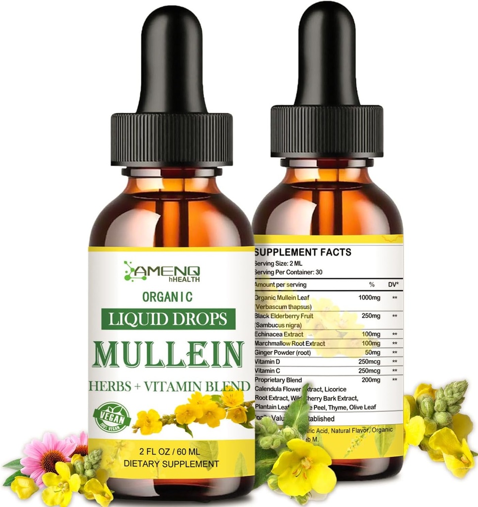 Mullein Drops for Lungs, Lung Detox & Cleanse for Smoker, Organic Mullein Leaf Extract for Lungs w. Elderberry, Ginger, Mullein Tintcture Alcohol Free for αναπνευστική υγεία Πνεύμονα 2 FL/OZ