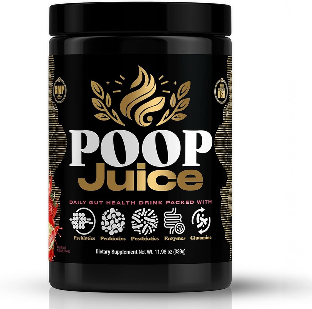Poop Juice 5-in-1 Prebiotic, Probiotic, Postbiotic, Digestive Enzymes & Glutamine Supplement Powder - Bloat Relief, Gut & Immune Support - Ζάχαρη & Λακτόζη-Free - 30 Servings (Strawberry Lemonade)