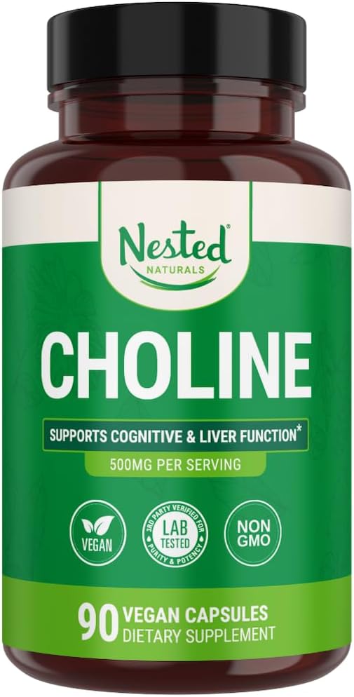 Φωλιασμένα φυσικά Choline Bitartrate 500mg - Υψηλής ισχύος Choline Συμπληρώματα - Υποστηρίζει Γνωστική απόδοση & λειτουργία ήπατος - 100% Vegan & μη-GMO Choline - 90 Vegan Κάψουλες