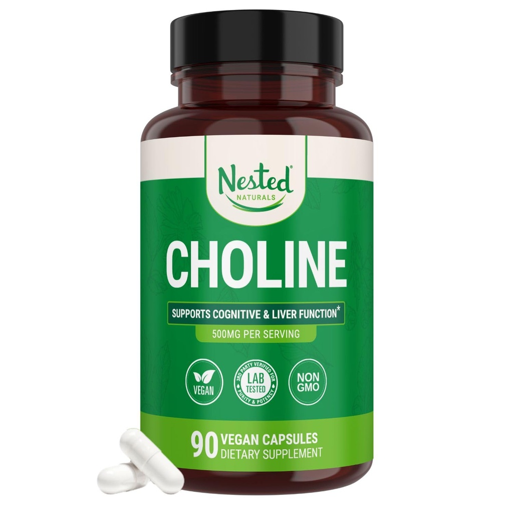 Nested Naturals Choline Bitartrate 500 mg - Yüksek Potency Choline Supplements - Supports Cognitive Performance & Liver Function - 100% Vegan & Non-GMO Choline - 90 Vegan Capsules