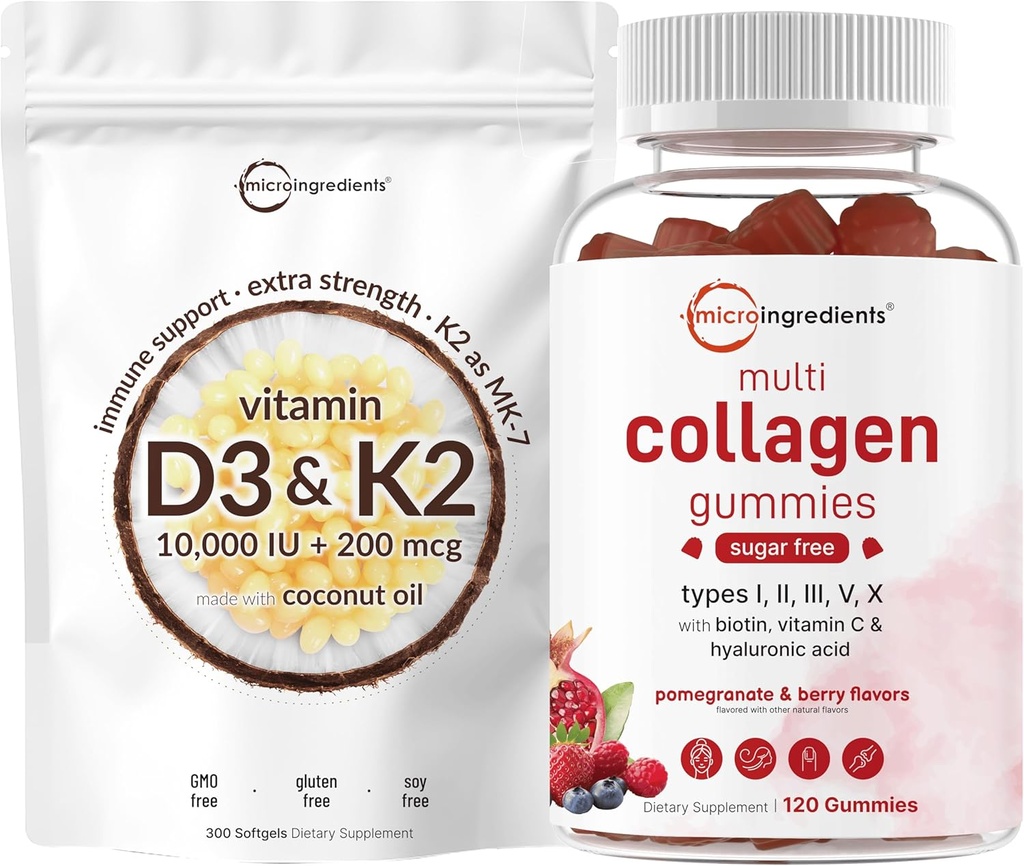 Micro Ingredients Vitamin D3 10,000iu + K2 200mcg Coconut Oil Softgels & Multi Collagen Peptides Gummies Bundle Pack | Essential Sunshine Vitamins | Type I,II,III,V,X Protein