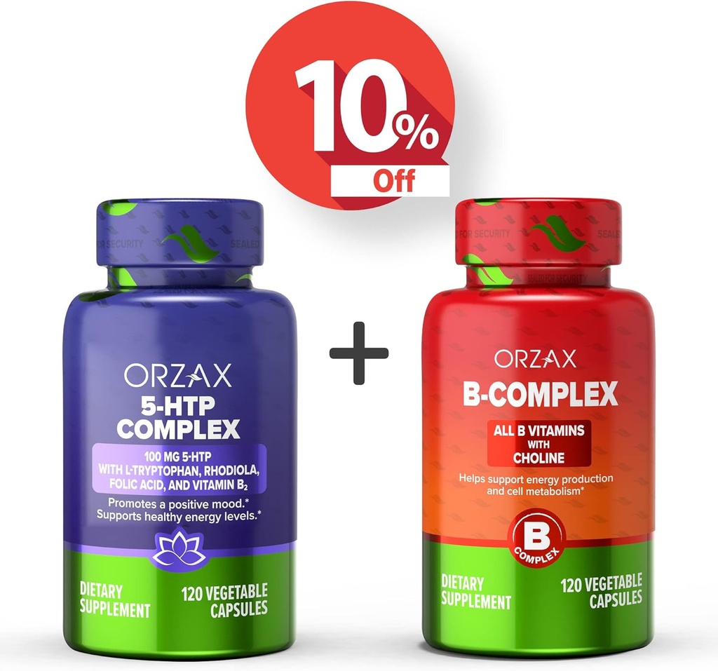 ORZAX 5 HTP Complex 100 Mg 120 Vegatable Κάψουλες και Βιταμίνη Β Complex, Β Βιταμίνες με Χολίνη & Ινοσιτόλη 120 Κάψουλες, Bundle