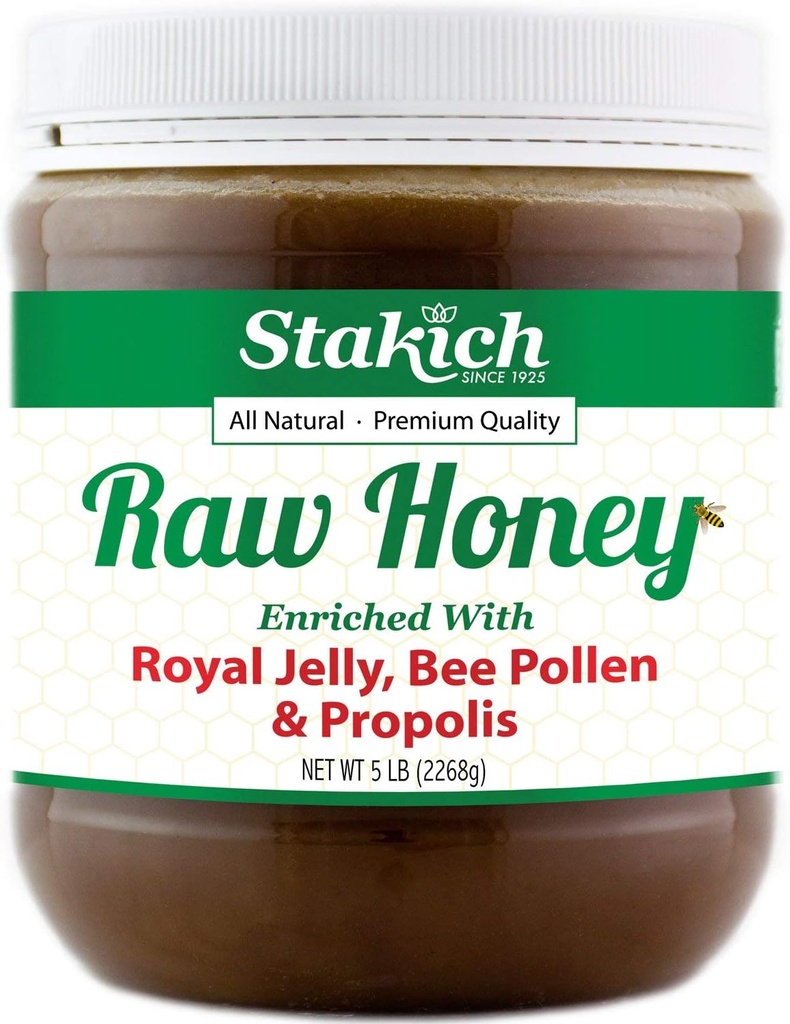 Stakich Royal Jelly, Bee Pollen, Propolis En Zenginleştirilmiş Raw Honey - Pure, Unprocessed, Unseted - 5 Pound (80 Ounce)