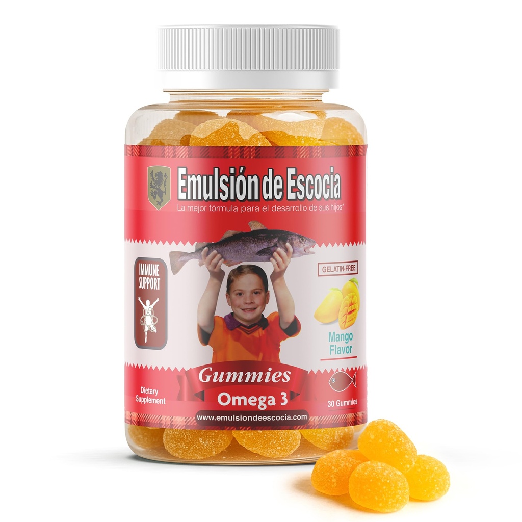 Emulsión de Escocia Omega 3 Çocuklar için Gummies - Vitaminler A, D3, Folic Acid + çinko, Iron & Food – Mango Flavor with No Fishy Aftertaste – Immune & Liver Support – 30 Gummies | 1Pack