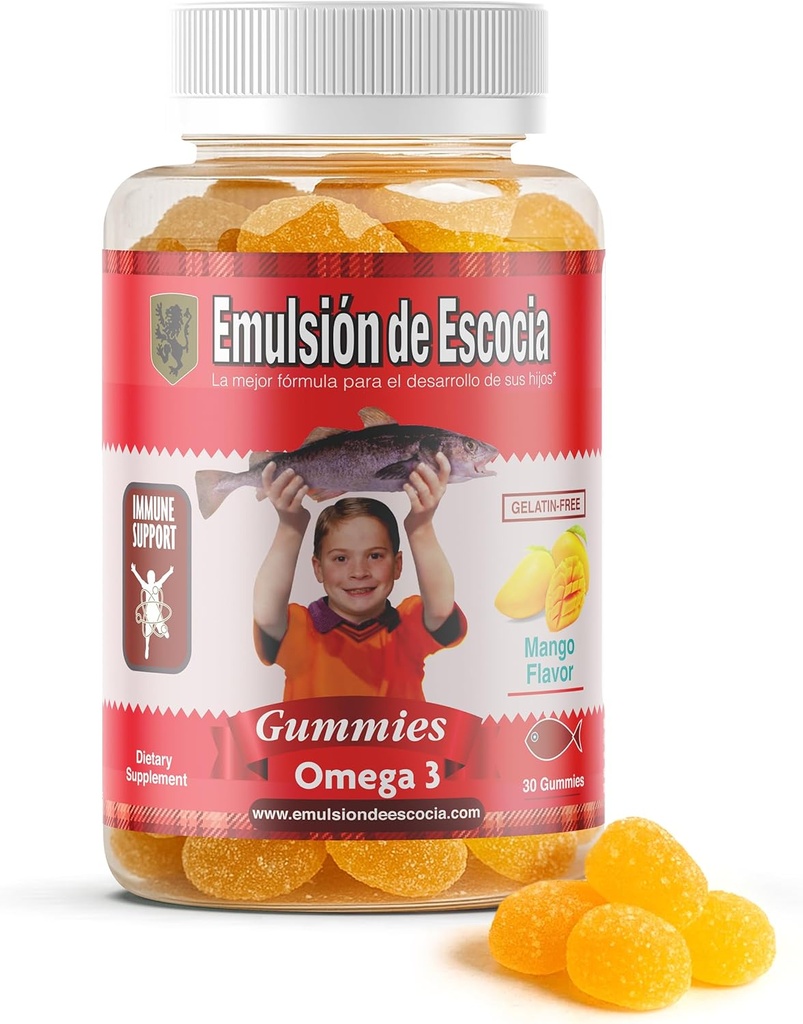 Emulsión de Escocia Omega 3 Gummies for Kids – με Βιταμίνες Α, D3, Φολικό Οξύ + Ψευδάργυρος, Σιδήρος & Ασβέστιο – μάνγκο Γεύση με Χωρίς Αλιευτική Επίγευση – Ανοσοποιητικό & Ηπατικό Υποστήριξη – 30 Gummies 1-Pack