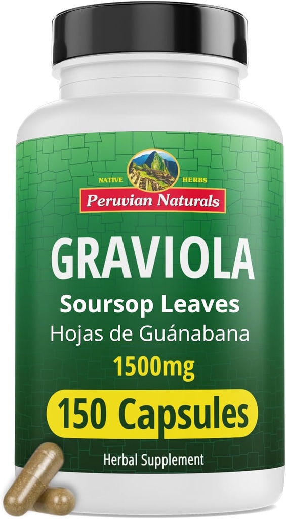Peruvian Naturals Graviola Soursop Capsules 150 Kont - Hojas de Guanabana - Non-GMO, Vegan, Gluten-Free 1500 mg High-Potency of Herbal Supplement