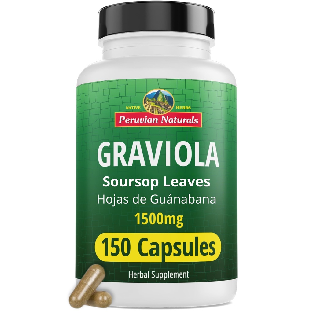 Peruvian Naturals Graviola Soursop Capsules, 150 Count – Premium Soursop Extract from Hojas de Guanabana, Non-GMO, Vegan, Gluten-Free, 1500 mg