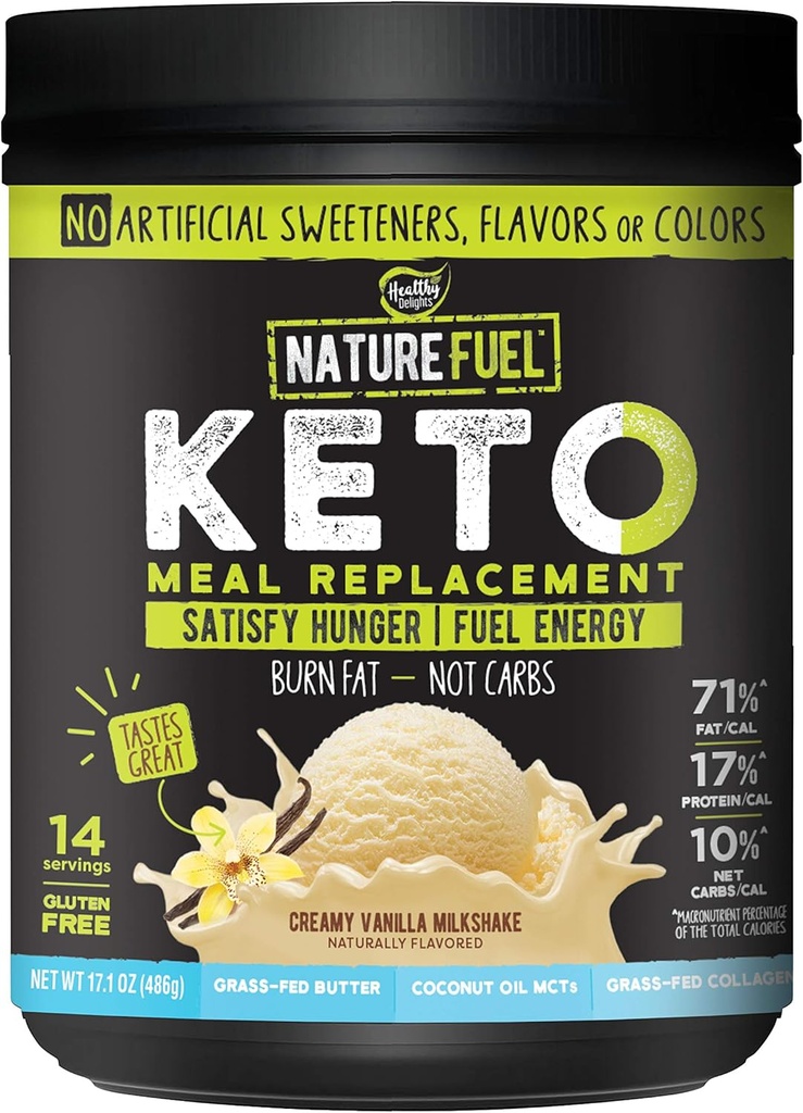 Nature Fuel Keto Meal Replacement Powder - Χωρίς γλουτένη με λάδι καρύδας MCTs και χόρτο-Fed Butter - κρεμώδες μιλκσέικ βανίλιας - 14 σερβιέτες - Φιλικό για το παντελόνι, 17.1 Fl Oz