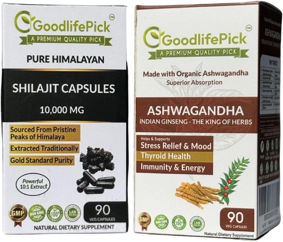 Himalaya Shilajit Capsule & Ashwagandha Capsules, Max Faydaları için 2 90+90 ct Gold Standard Premium Kalitesinin Paketi. All Natural Non GMO No Rice Toz No Filler No Silikon Dioksi No Stearate