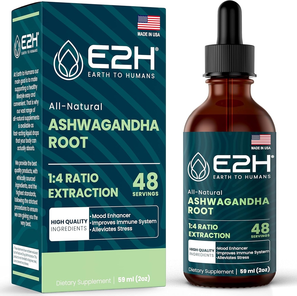 E2H Ashwagandha Liquid Drops - Stres Yardımı ve Mood Advancedr- Organik Ashwagandha Kök Etkili Cortisol Yöneticisi | Non-GMO, Vegan | 2 Fl Oz Oz Oz