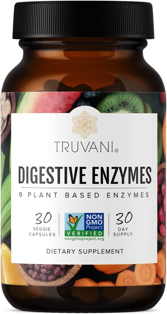 Truvani Digestive Enzymes | 9 Enzyme Mix | Digestive Support | Bloating | Artan Nutrient Abors | Non-GMO Capsules / 30 Day Supply
