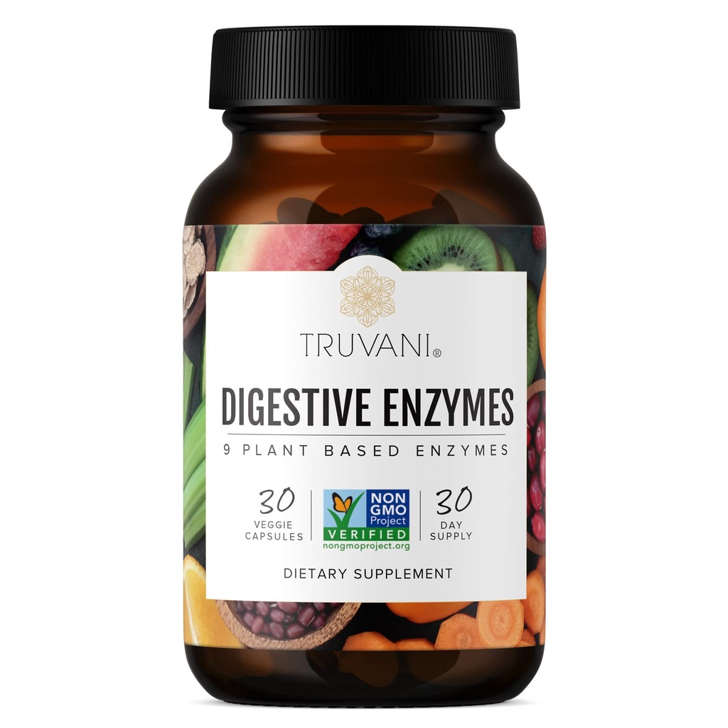 Truvani Digestive Enzymes | 9 Enzyme Mix | Digestive Support | Bloating | Artan Nutrient Abors | Non-GMO Capsules / 30 Day Supply
