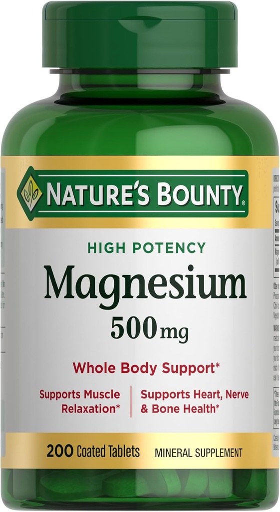 Nature's Bounty Magnesium 500 mg Tablets, High Potency Magnesium Supplement for Bone & Muscle Health, Whole Body Support, 200 Count (Pack of 1)